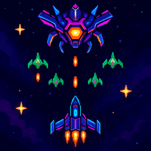 The image showcases a space-themed scene, reminiscent of a classic arcade shooter game. At the center, a sleek, futuristic spaceship is flying towards a large, menacing enemy craft positioned at the top of the image. The enemy ship has a glowing orange core and is surrounded by sharp, angular details.

In the background, a cosmic space environment with a blend of dark purples and blues sets the tone. Several smaller enemy ships, colored green, are positioned in a formation, actively shooting orange projectiles toward the player’s ship. There are also star-shaped icons scattered across the scene, possibly representing power-ups or achievements. The overall aesthetic combines sharp, vibrant neon colors with a retro-futuristic design, giving it a sense of high-energy action..
In-Game asset.  2d.  High contrast.  No shadows. Space Shooter  Arcade Game  Futuristic Spaceships  Retro Gaming  Space Battle  Sci-Fi Art  Video Game Art  Pixel Art Style