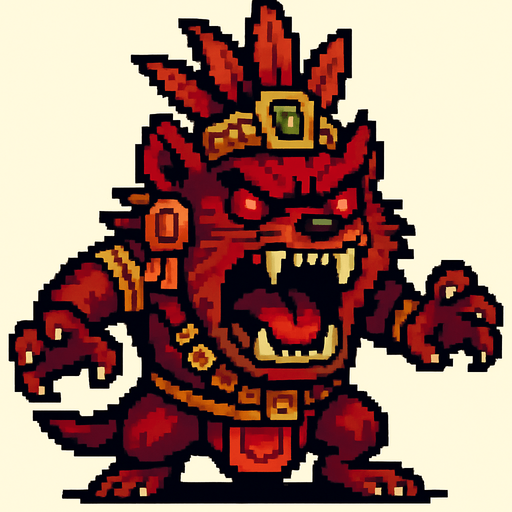 Genérame una Demonio de Tasmnia guerrero azteca con eso patrones, estilo pixelar, con una apariencia maligna, ojos rojos, rabioso. POderes, super rojo y rabioso, como un ejfe final. Animal. No tiene arams solo una gran y poderosa mordida.
In-Game asset.  2d.  High contrast.  No shadows