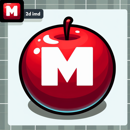 white " (M" on a red apple.
Single Game Texture. In-Game asset. 2d. Blank background. High contrast. No shadows.