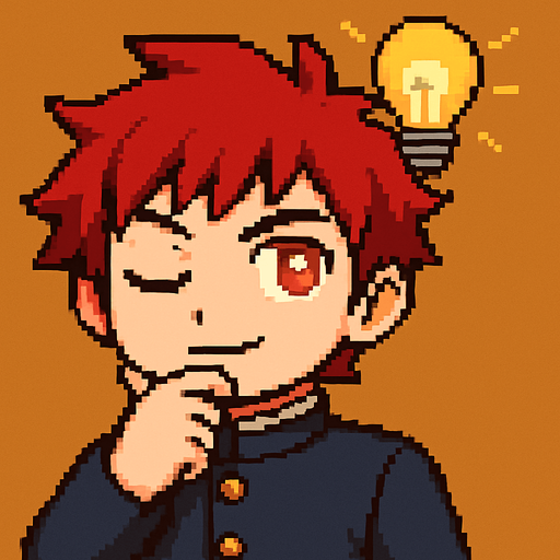 A kawaii anime boy with red eyes and a serious expression stands with his eyes closed, resting a hand under his chin in a thoughtful pose. He’s wearing a traditional Japanese school uniform called a gakuran. Suddenly, a lightbulb appears above his head—the classic symbol of a brilliant idea. He opens his eyes with determination, a confident smile forming on his face. It's Pixel Art.
