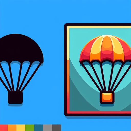 parachute. multicoloured. cartoon style..
Single Game Texture. In-Game asset. 2d. Blank background. High contrast. No shadows.