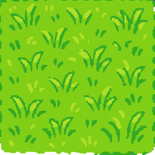 Top-down view of a single cartoon-style grass tile, seen from above, 2D game style, seamless and repeatable texture, bright colors, hand-drawn or pixel-art style, soft grass texture, 32x32 sprite..
In-Game asset.  2d.  High contrast.  No shadows