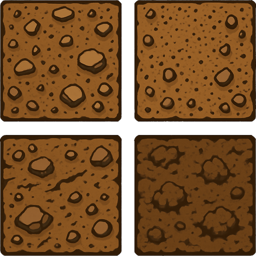 Pack of different Dirt, square.
In-Game asset.  2d.  High contrast.  No shadows