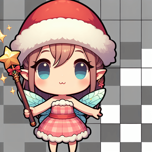 a cute little fairy standing with a santa hat and a magic wand Single Game Texture. In-Game asset. 2d. Blank background. High contrast. No shadows.