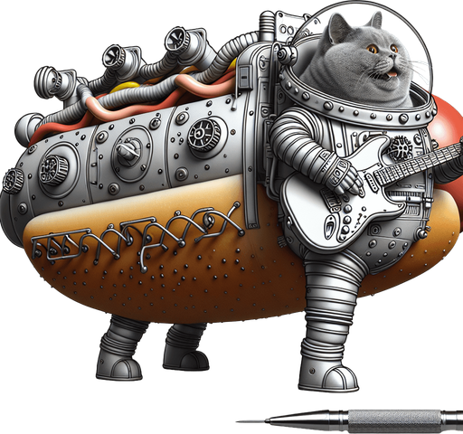 Mechanical hot dog spacecraft piloted by a cheeky, morbidly obese astronaut cat playing a fender stratocaster.
Single Game Texture. In-Game asset. 2d. Blank background. High contrast. No shadows.
