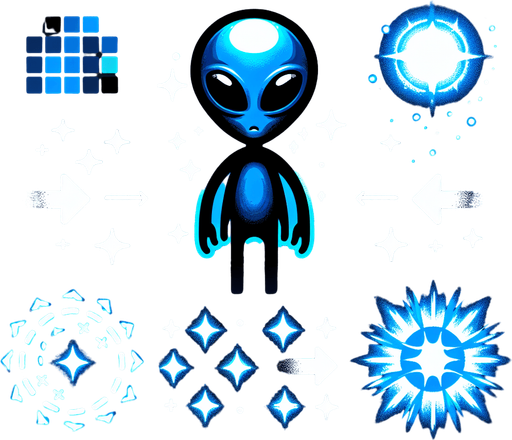 SINGLE alien  in BLUE color with GIF animation of arrows  animation with a spark at the end of the sprite animation.
Single Game Texture. In-Game asset. 2d. Blank background. High contrast. No shadows.