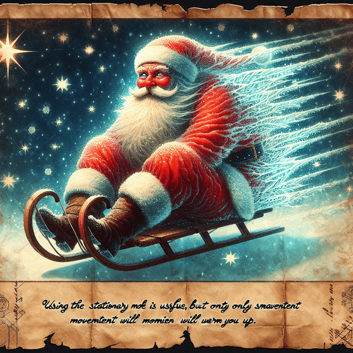 a pergament with a freezing santa on a sledge in the sky. There is the text: "using the stationary mode is useful, but only movement will warm you up"