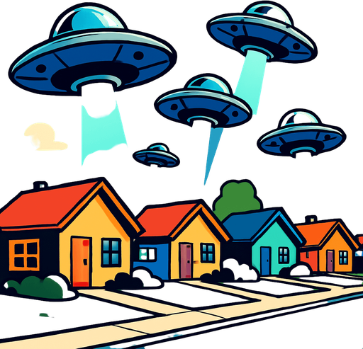 "Small UFO saucers descending over suburban neighborhood, cartoon style, dramatic lighting, shadows cast on lawns, retro sci-fi aesthetic, colorful houses below, comic book illustration style, dynamic angle looking up""cartoon style," "comic book illustration," "clean vector art,".
In-Game asset.  2d.  High contrast.  No shadows