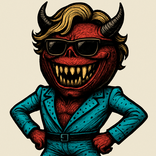 un demonio bola ultra realista con una peluca y traje de bailarin con lentes de sol y una sonrisa con colmillos afilados.
In-Game asset.  2d.  High contrast.  No shadows