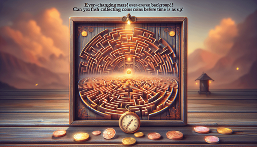 Fullscreen, high definition, light, blur, small time watch, colors, wood, for a game titled "Maze" and with the description "Navigate ever-changing mazes! Each level with different background, coins, time speed. Can you finish collecting coins before time is up? Challenge your skills in Maze!". with text on banner "MAZE"!