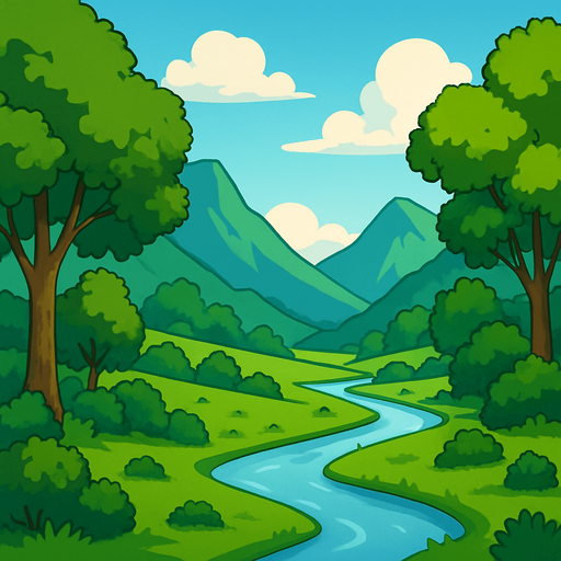 ünlü xp arkaplanı resmi gibi vadi arkapalnı ama ağçlar, çalılar ve nehir olsun 2d 2000x2200 boyutlarında.
In-Game asset.  2d.  High contrast.  No shadows