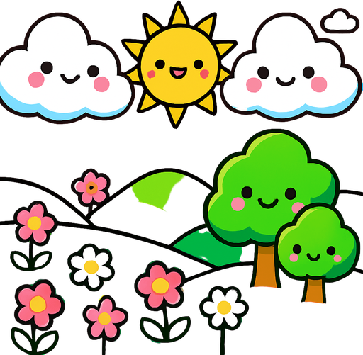 crea un paisaje kawai.
In-Game asset.  2d.  High contrast.  No shadows