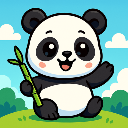 A cute cartoon-style panda character for a mobile game. Chubby body with classic black and white fur, big round eyes with a sparkle, small ears, sitting or standing upright with a happy, playful expression. Holding a bamboo stick or waving. Colorful, simple background. High-quality digital illustration, ideal for a children’s game.”.
In-Game asset.  2d.  High contrast.  No shadows. cartoon style