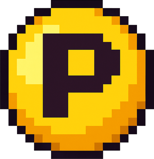 Esfera amarilla con la letra P , pixelart.
In-Game asset.  2d.  High contrast.  No shadows