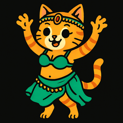 dansöz kıyafetli ayakta duran elleri havada dans eden bir kedi.
In-Game asset.  2d.  High contrast.  No shadows