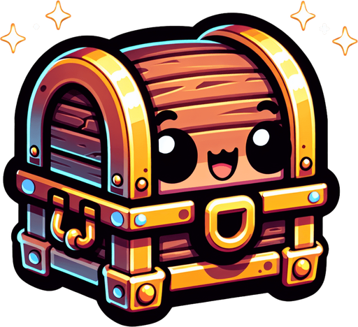 chibi treasure chest.
Single Game Texture.  In-Game asset.  2d.  Blank background.  High contrast.  No shadows