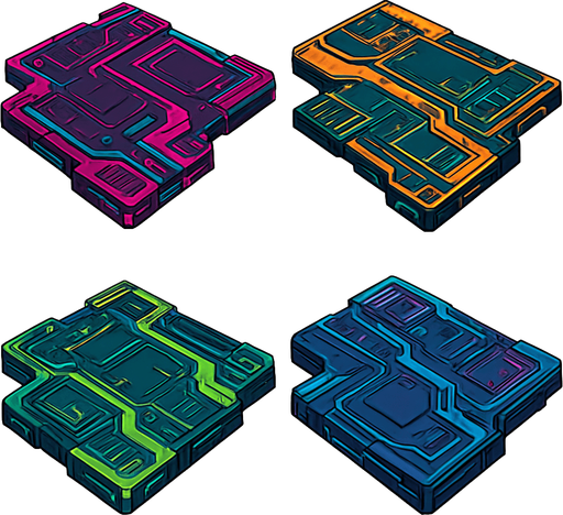 Futuer complicated floors. Cyberpunk. Abstract. separated. Different colors. HD colors.
In-Game asset.  2d.  High contrast.  No shadows