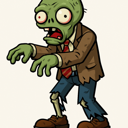 Zombie de piel verdosa y pálida, con una cabeza ovalada y dos grandes ojos saltones con pupilas pequeñas y rojizas. Su boca está abierta, mostrando dientes irregulares. Viste un traje de negocios marrón claro, una camisa blanca y una corbata roja a rayas, todo rasgado y sucio. Sus pantalones azules están hechos jirones, dejando ver una pierna esquelética, y calza zapatos marrones desgastados. Sus brazos están extendidos ligeramente hacia adelante.
In-Game asset.  2d.  High contrast.  No shadows