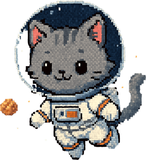 A cute gray chibi-style anime kitten, dressed in an astronaut suit and drifting through the universe, rendered in Pixel Art.