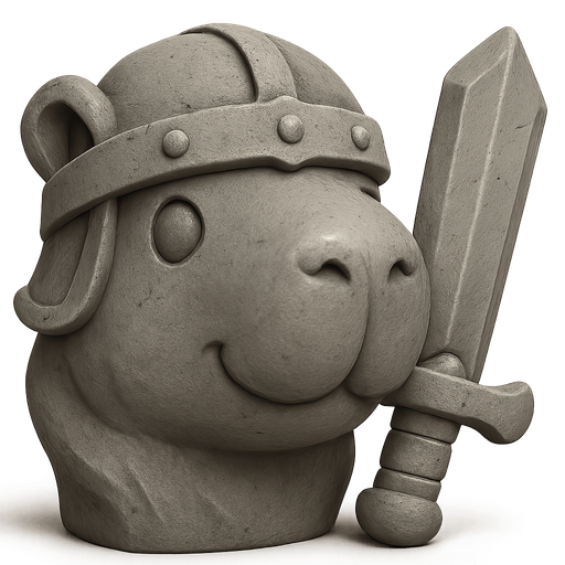 Recrealo en una escultura. Utiliza un estilo cartoon. Usas colores grises. Recuerda que es un capibara usas sus rasgos y formas. Damelo sin fondo