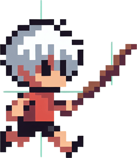 Pixel art,   kid running with a stick..
Single Game Texture. In-Game asset. 2d. Blank background. High contrast. No shadows.