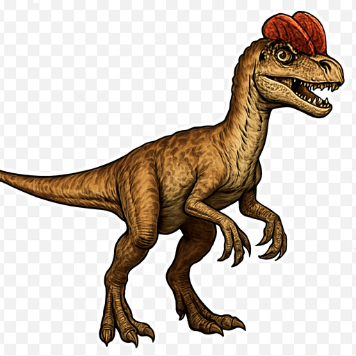 A medium-sized Dilophosaurus dinosaur in a standing pose on a transparent background. It has a slender body with light brown and tan scales, featuring distinctive paired crests on top of its head colored in reddish hues. The head is elongated with sharp teeth visible in a slightly open mouth. Its limbs are muscular with sharp claws, and the tail is long and straight. The skin texture shows a mix of small scales and patches of rougher skin, giving a realistic predatory look..
In-Game asset.  2d.  High contrast.  No shadows