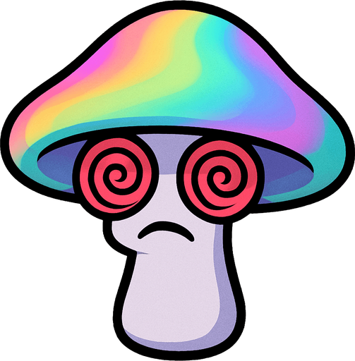 Sombrero Iridiscente/Colorido: Su sombrero es la característica más llamativa, mostrando una gama de colores suaves y pastel que se mezclan como un arcoíris o un efecto iridiscente (rosas, azules, verdes claros, morados). Esto sugiere su naturaleza "hipnótica" o alucinógena.

Tallo Púrpura Claro/Blanco: Su tallo es de un color púrpura muy claro o casi blanco.

Ojos en Espiral/Hipnóticos: Sus "ojos" son dos grandes espirales rojas o rosadas, lo que claramente representa su capacidad de hipnotizar.

Boca Triste/Somnolienta: Tiene una pequeña boca que parece un poco triste o somnolienta, lo que contrasta con la intensidad de sus ojos espirales..
In-Game asset.  2d.  High contrast.  No shadows