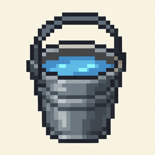 iron bucket, pixelart, water.
In-Game asset.  2d.  High contrast.  No shadows