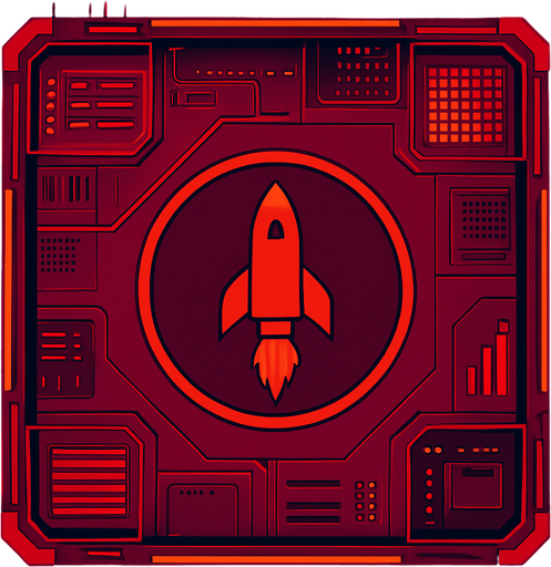 2D Top floor of tower facing the screen to use it as a grid. future. Cyberpunk. abstract. seen from above. HD colors. No Diagonal assets. Red color. Big logo of a Fired rocket on the middle of it.