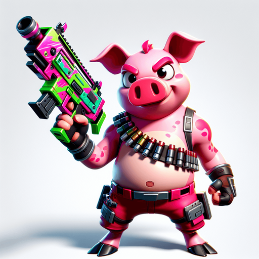 A pig with a gun.
Single Game Texture. In-Game asset. 2d. Blank background. High contrast. No shadows.