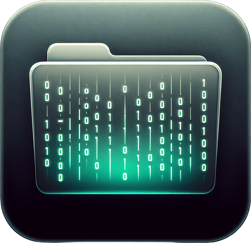 A square folder icon with rounded edges, designed to represent a storage app for binary files. The folder graphic in the center is smooth and minimalistic, featuring faint, glowing neon accents in matrix green to suggest a post-apocalyptic and tech-savvy theme. Subtle rows of binary digits ('0' and '1') are faintly integrated into the folder's surface, blending seamlessly with the design. The background is a clean gradient transitioning from dark grey to soft teal, evoking a sense of advanced technology and digital precision. The overall appearance is sleek, professional, and minimalistic, making it suitable as a 2D game asset with a blank, high-contrast background and no shadows.