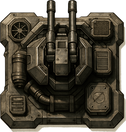 Namusu olmayan Teknolojik askeri saldırı kulesi, üstten görünüm, gerçekçi, yazısız.
In-Game asset.  High contrast.  No shadows