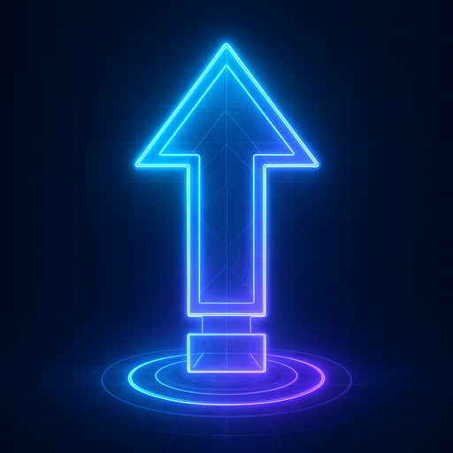 neon cyberpunk arrow pointing north glowing hologram flat 3d straight on symmetrical