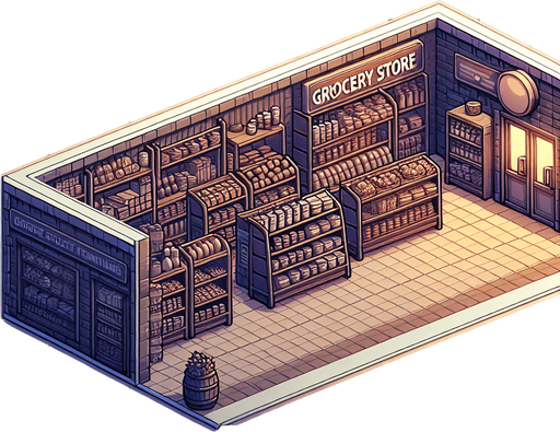 a grocery store.
Single Game Texture.  In-Game asset.  2d.  Blank background.  High contrast.  No shadows