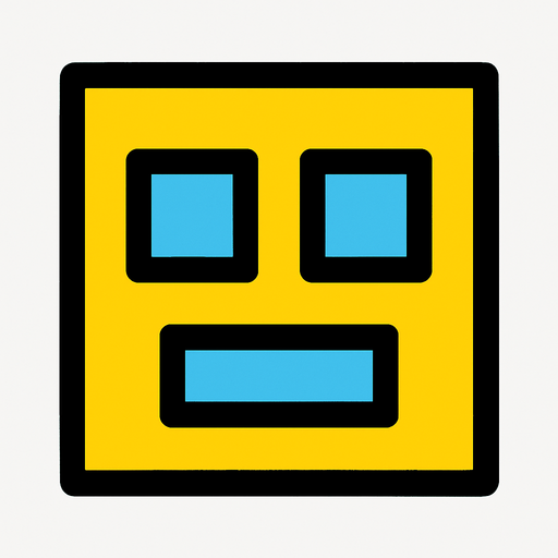 un cuadrado amarillo con ojos cudrados celestes y boca celeste rectangular.
In-Game asset.  2d.  High contrast.  No shadows