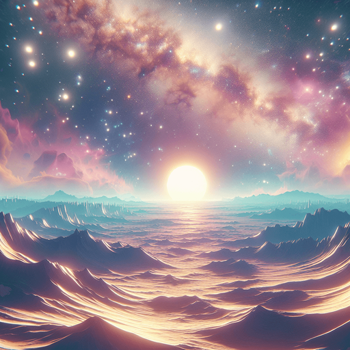 beautiful expansive landscape. starry sky, pastel colours, high definition, alien world..
Single Game Texture. In-Game asset. 2d. Blank background. High contrast. No shadows.