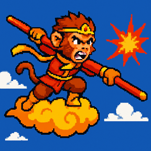 monglkey king raja kera di atas awan kinton menyerang dengan tongkat sakti. side scroller image.
In-Game asset.  2d.  High contrast.  No shadows