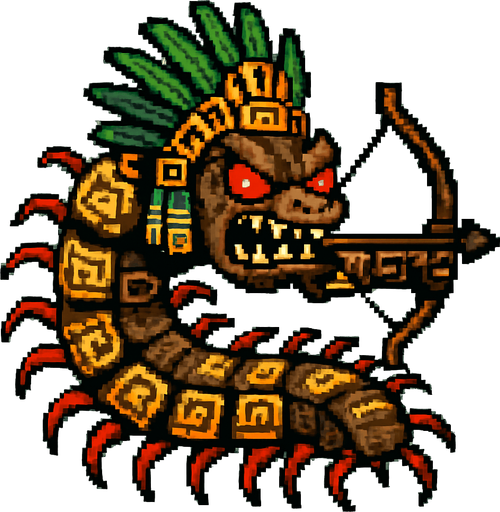 Genérame una Ciempies gigante amazonico guerrero azteca con eso patrones, estilo pixelar, con una apariencia maligna, ojos rojos, rabioso. Unidad a distancia, con un arco o cerbatana. Animal.
In-Game asset.  2d.  High contrast.  No shadows