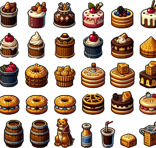 A spritesheet full of different delicious medieval cakes and snacks and beverages..
Single Game Texture. In-Game asset. 2d. Blank background. High contrast. No shadows.