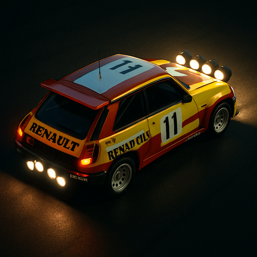 Photorealistic RENAULT Rallycar in nightlight, drone topview from back and 45 degrees angle in top right corner.