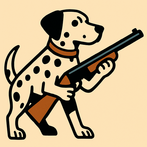 dalmation dog holding a gun.
In-Game asset.  2d.  High contrast.  No shadows. hunting