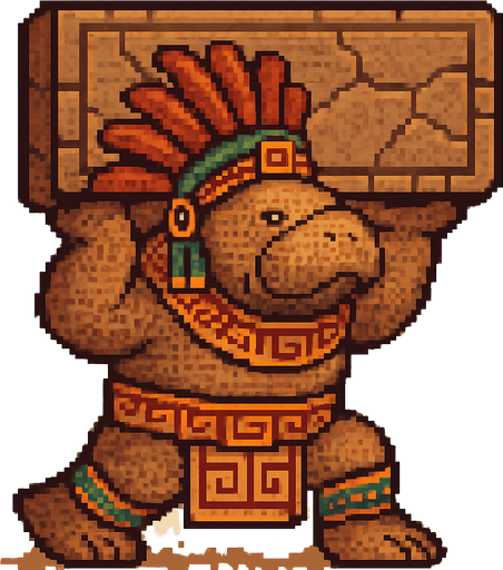 Generame un guerrero azteca con patrones, estilo pixelar, además será un animal manati con efectos de tierra, cargando un enrome muro. gigante.
In-Game asset.  2d.  High contrast.  No shadows