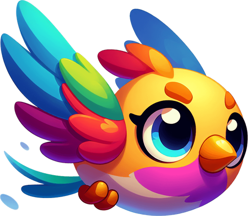 Design a cartoon-style bird flying sideways with big eyes and colorful feathers. The bird should look friendly, cute, and match a fun sky-themed game..
Single Game Texture.  In-Game asset.  2d.  Blank background.  High contrast.  No shadows