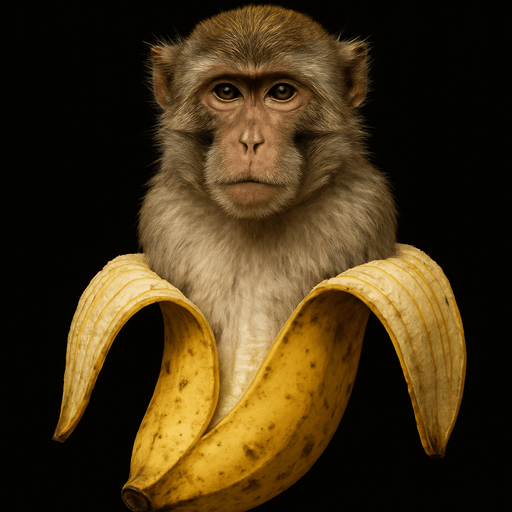 Haz a un macaco con cuerpo de plátano medio abierto, Ultra Realista, sin brazos ni piernas..
In-Game asset.  2d.  High contrast.  No shadows. Ultra Realista