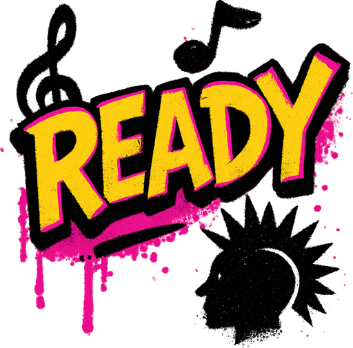 müzik temalı cool ready yazısı biraz da sprey boya punk tarzı.
In-Game asset.  2d.  High contrast.  No shadows