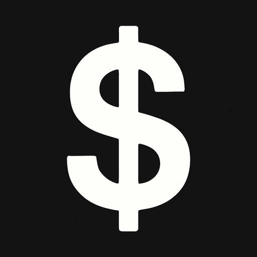 sadece beyaz rengte olan basit dolar simgesi.
In-Game asset.  2d.  High contrast.  No shadows