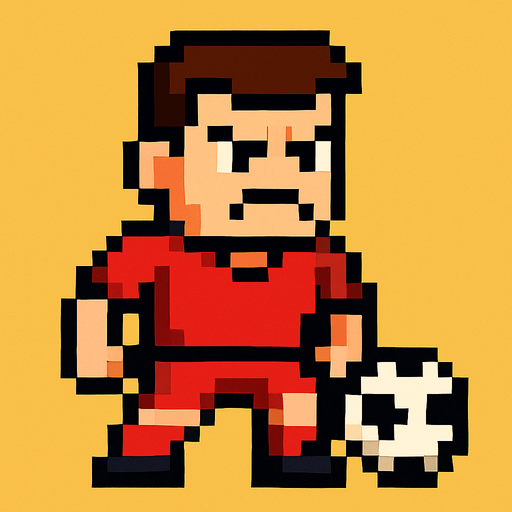 angry lookin red suit pixelart soccer player.
In-Game asset.  2d.  High contrast.  No shadows