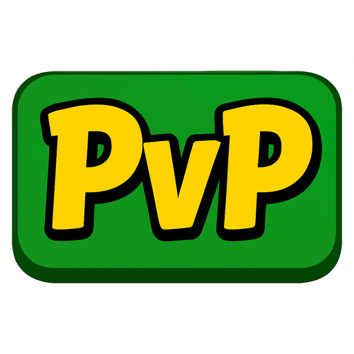 A 3:2 ratio rectangular green button that says “PvP” using this yellow font.