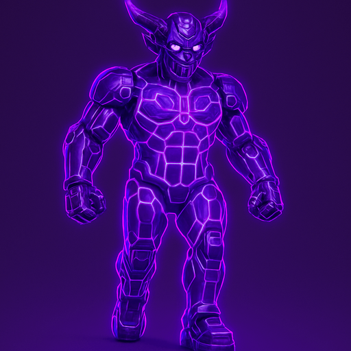 bare segmented neon cyberpunk pecs abs muscles robot monster hunk Neon cyberpunk 3d hologram corporate occult demon android mecha robot sentinel guard soldier machine monster fully in frame no part cut off no background anime futuristic Background removed, "Full-body character, entirely in frame, no cropping of face, head, or feet" "Complete character visible, from head to toe, fully centered in the image" "Entire character, including face and boots, fully within the frame" Character fully contained within a square frame, no edges cut off horns through boots Walking animation forward Neon purple