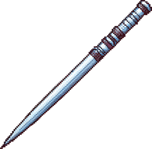 pixelart. a javelin used for olympic games and athletics. Just the spear itself, horizontally laid out in the image. It should be a slim metal spear, pointy in both ends, and with a grip somewhere off center of the shaft..
Single Game Texture. In-Game asset. 2d. Blank background. High contrast. No shadows.